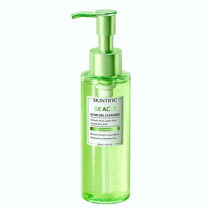 Skintific 3X Acid Acne Gel Cleanser with BHA, PHA, and AHA for acne-prone skin and pore cleansing