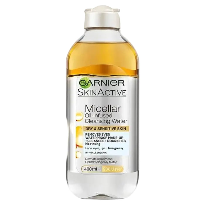 Garnier Micellar Oil-Infused Cleansing Water for waterproof makeup removal and hydration