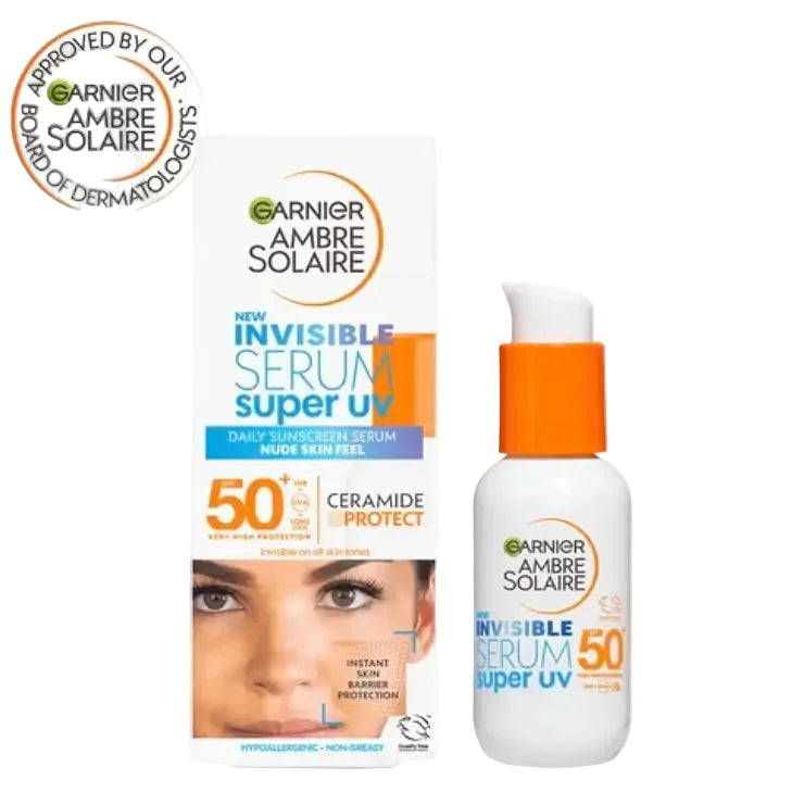 Garnier Ambre Solaire SPF 50+ Super UV Invisible Face Serum for daily sun protection and barrier repair