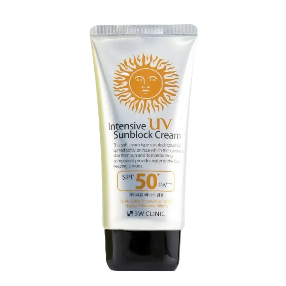 3W Clinic Intensive UV Sunblock Cream SPF50+ PA+++ for high UVA/UVB protection with aloe and ginseng