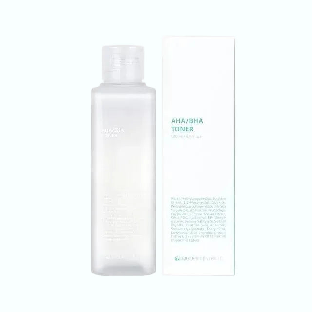 Face Republic AHA/BHA Toner for gentle exfoliation and pore refinement with chemical exfoliants