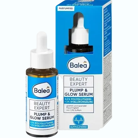 Balea Beauty Expert Plump & Glow Seum with hyaluronic acid,niacinamide andpolyglutamic acid fo hydration