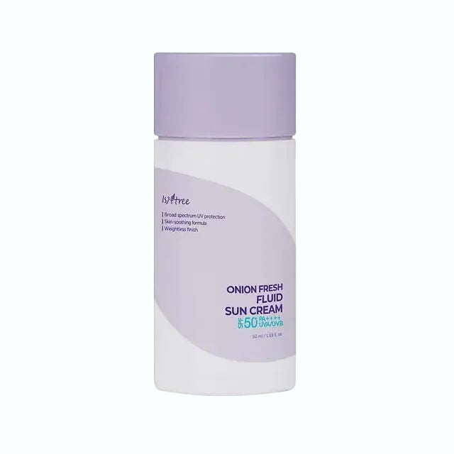 isntree nion Fresh Fluid Sun Cream SPF 50+ with red onion extract for blemish care and sun protection