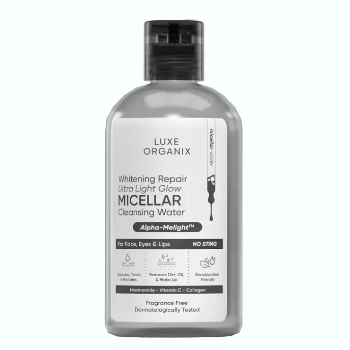 Luxe Organix Whitening Repair Micellar Water with niacinamide and vitamin C for brightening and makeup removal