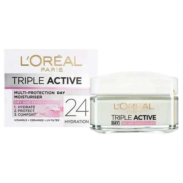 L'Oreal Triple Active Day Cream multi-protection moisturizer with vitamin E for hydration