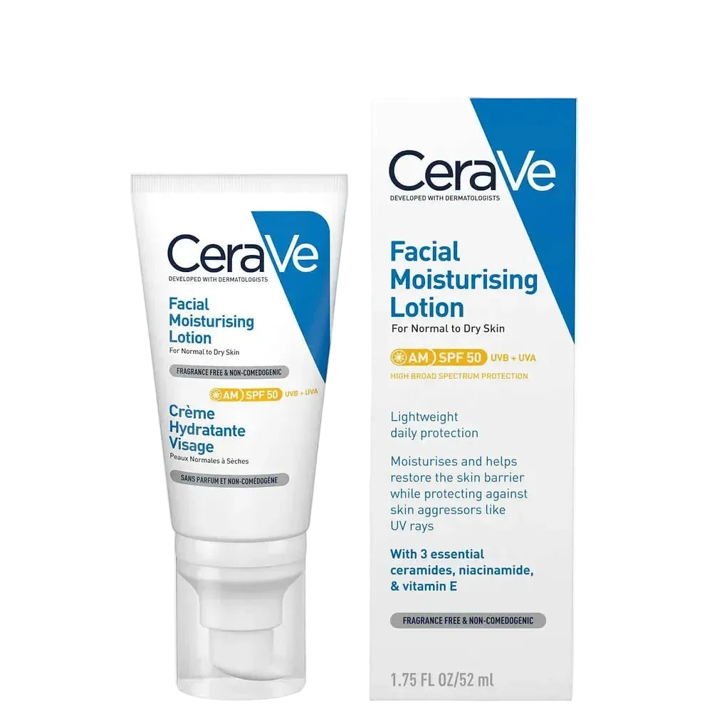 CeraVe AM Facial Moisturizing Lotion SPF 50 for daily hydration and sun protection