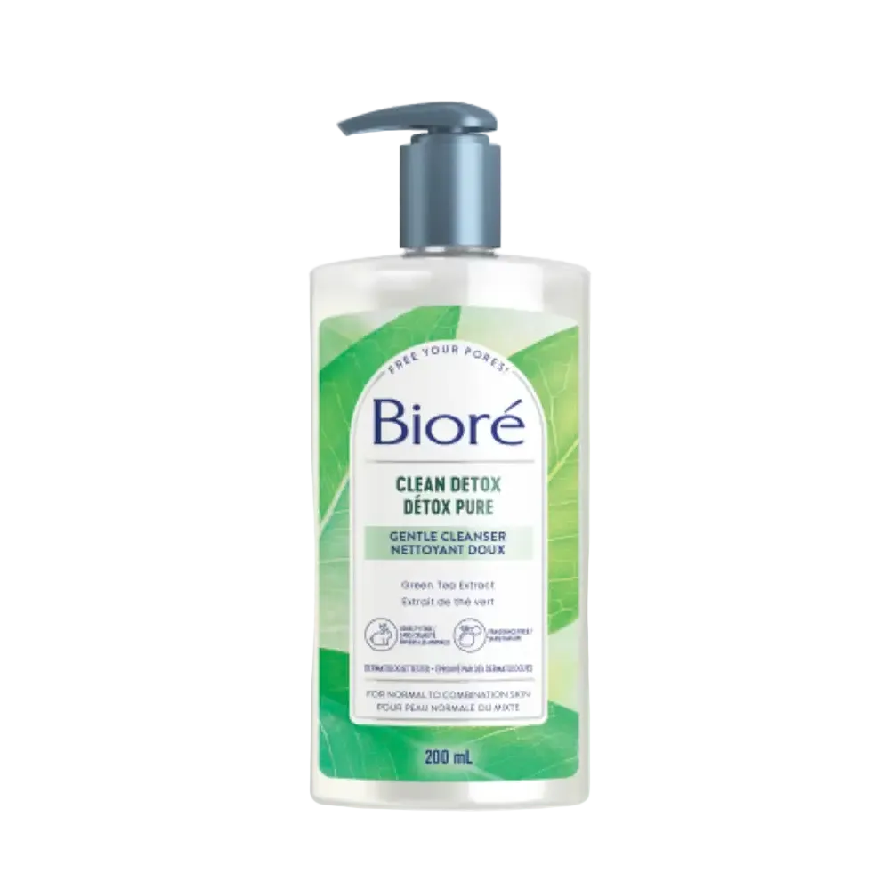 Biore Clean Detox Gentle Cleanser with green tea extract for deep cleansing and removing dirt, oil, and pollution