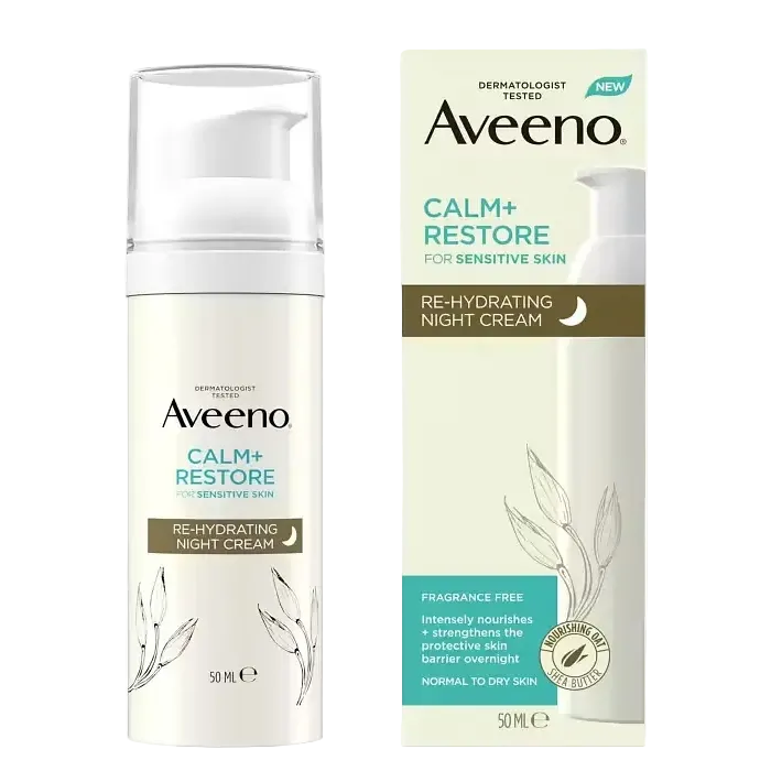 Aveeno Face Calm and Restore Re-Hydrating Night Cream for sensitive skin hydration and barrier repair