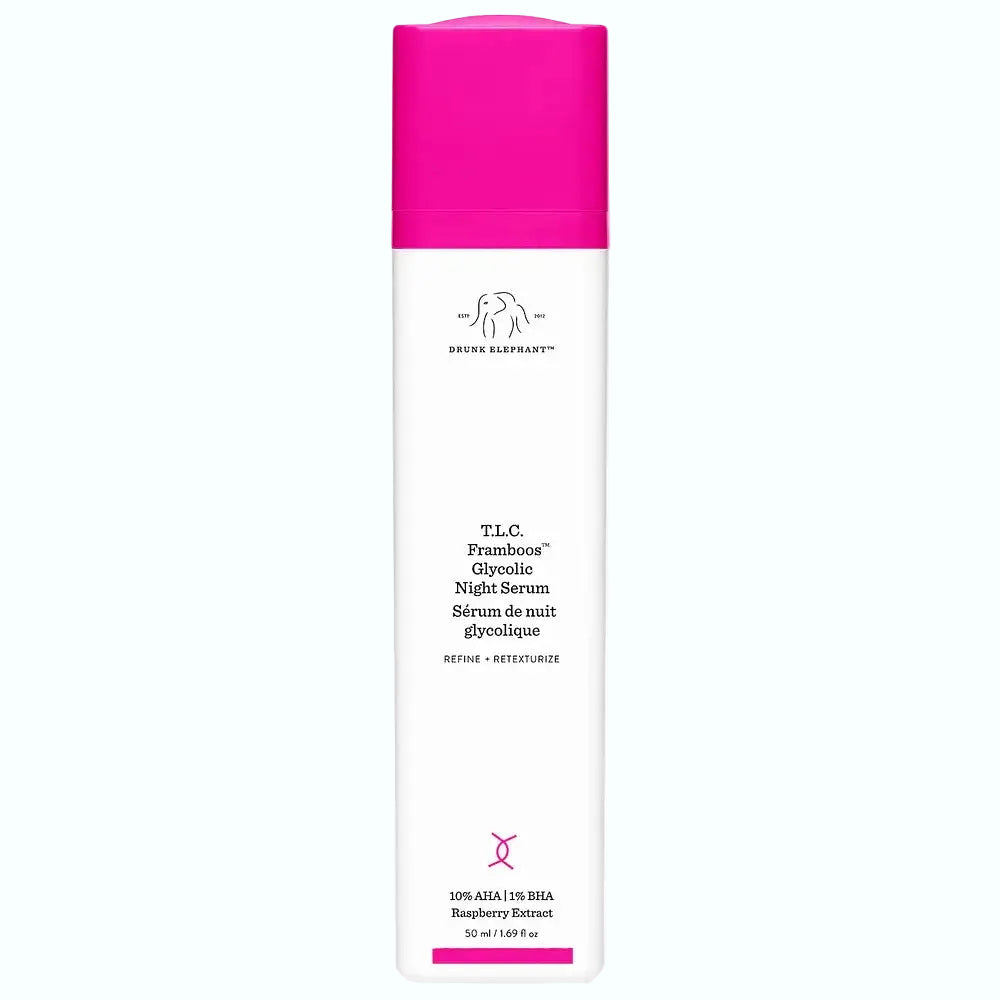 Drunk Elephant T.L.C. Framboos Glycolic Night Serum with AHA BHA for exfoliation and resurfacing