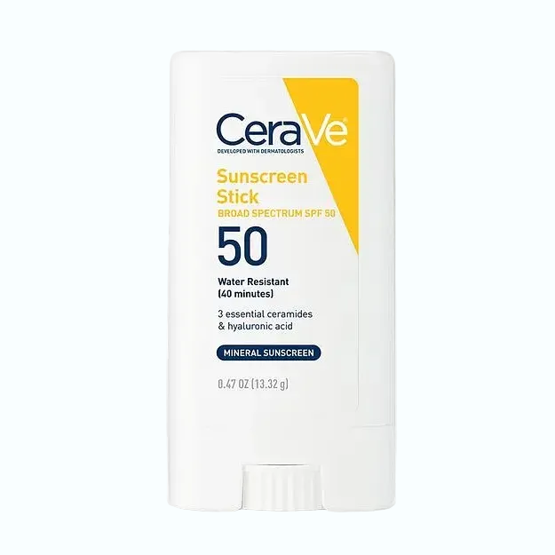 CeraVe Mineral Sunscreen Stick SPF 50 with zinc oxide and ceramides for on-the-go sun protection