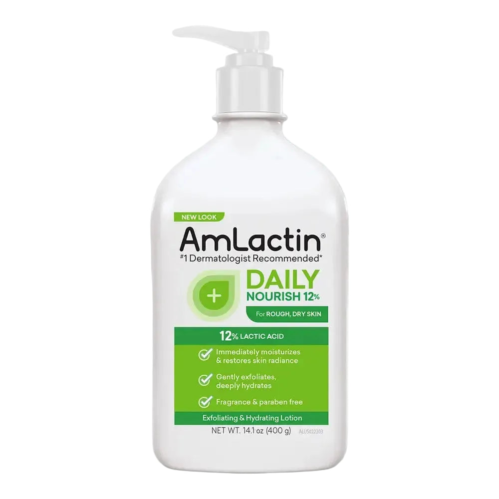 AmLactin Daily Nourish Lotion with 12% Lactic Acid AHA for dry rough skin exfoliation and hydration