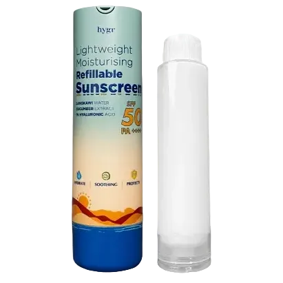 Hygr Lightweight Moisturising Refillable Sunscreen SPF 50 with zinc oxide for broad spectrum protection