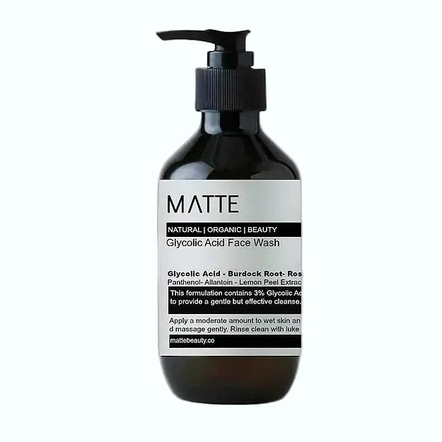Matte Beauty Glycolic Acid Face Wash with 3% glycolic acid for exfoliation and brightening