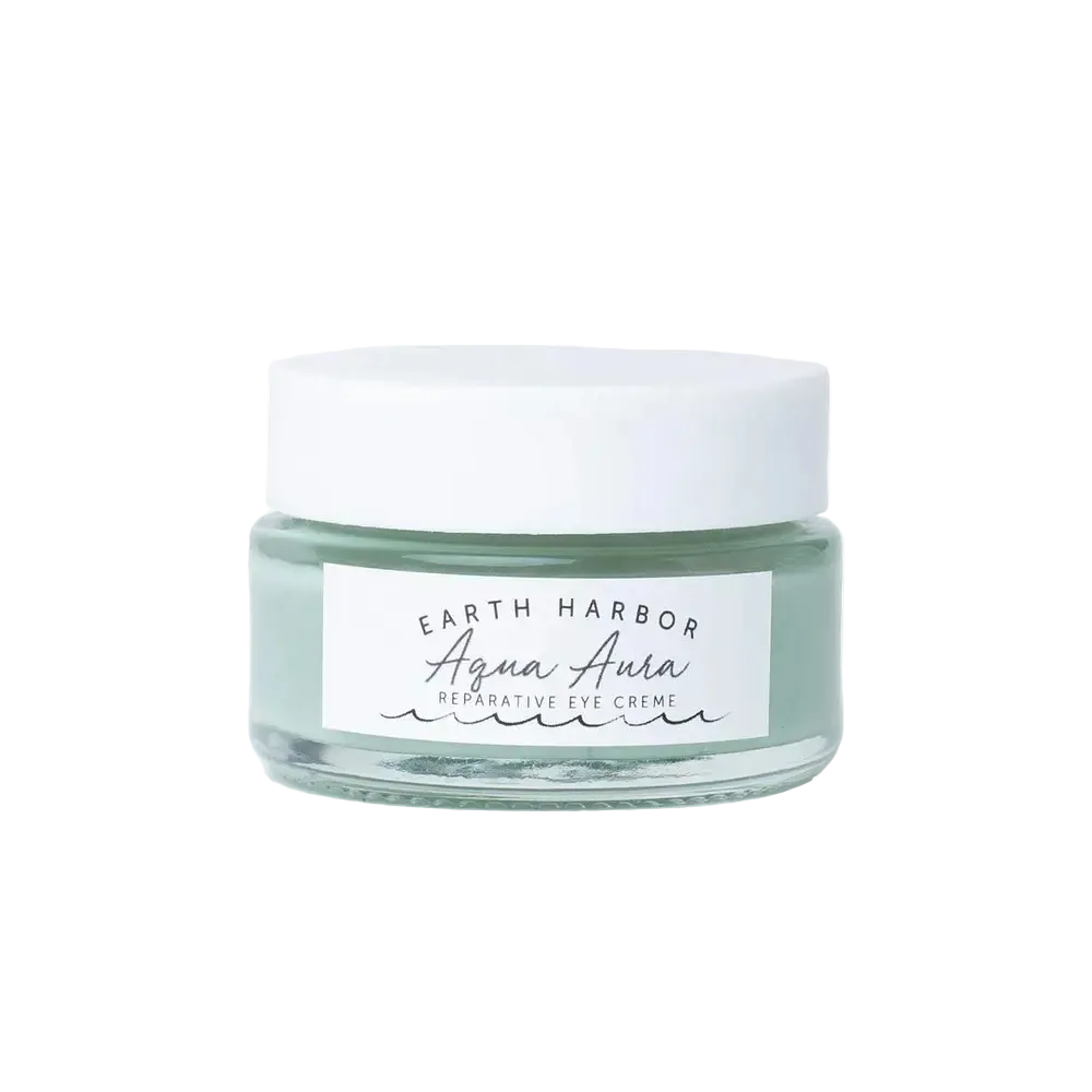 Earth Harbor Aqua Aura Eye Cream with blue tansy and peptides to brighten dark circles and hydrate delicate eye area