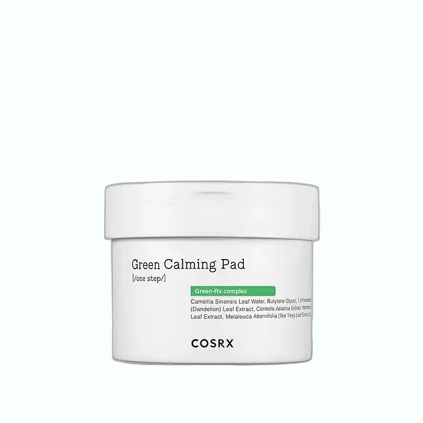 COSRX One Step Green Calming Pad for soothing sensitive skin and gentle exfoliation with green tea and PHA