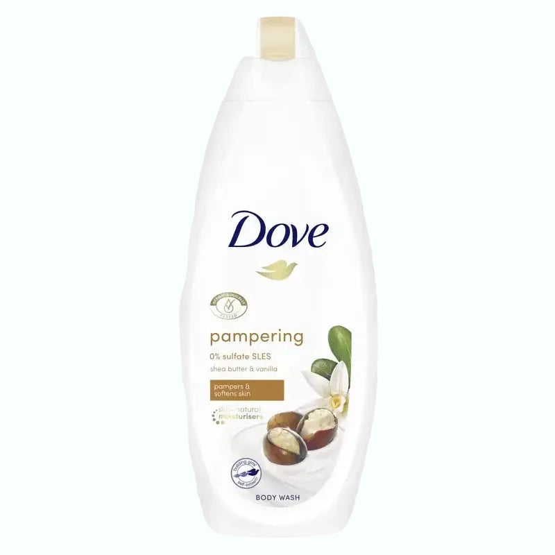 Dove Pampering Shea Butter and Vanilla Body Wash for soft, moiturized skin with indulgent scent