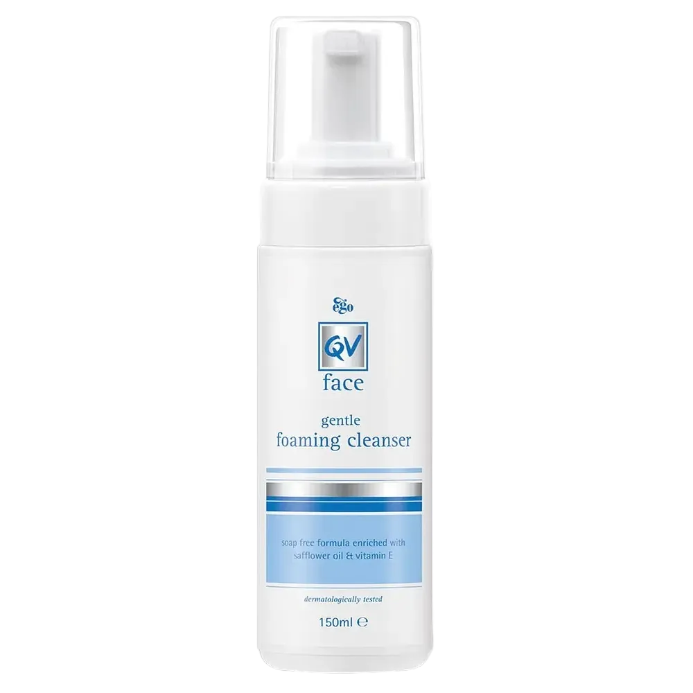 QV Face Gentle Foaming Cleanser soap-free formula for sensitive skin with safflower oil and vitamin E