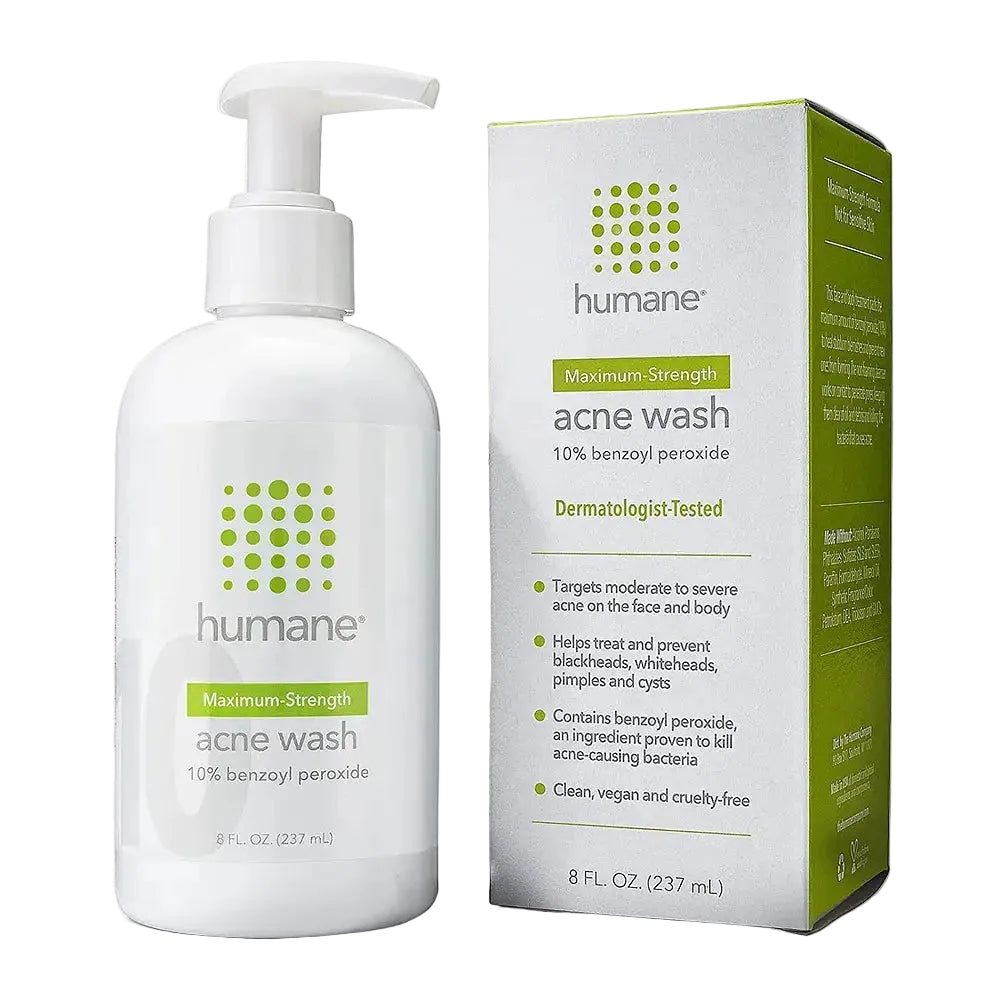 Humane Maximum-Strength 10% Acne Wash with benzoyl peroxide for face and body acne treatment