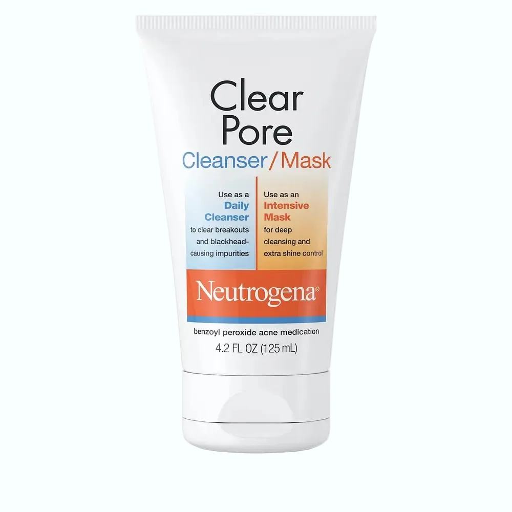 Neutrogena Clear Pore Cleanser/Mask with 3.5% benzoyl peroxide for acne treatment and oil control