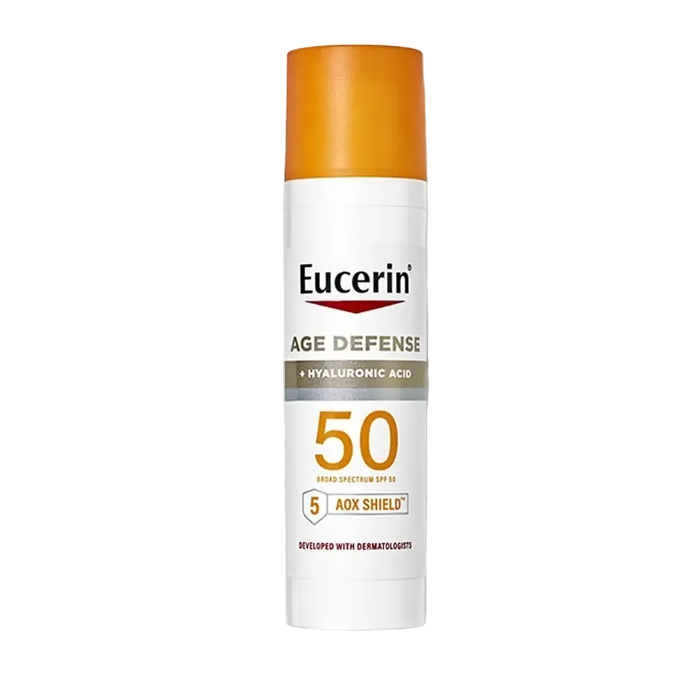 Eucerin Age Defense SPF 50 Face Sunscreen Lotion with hyaluronic acid for anti-aging sun protection