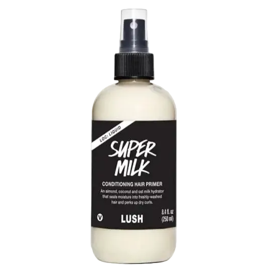 Lush Super Milk Conditioning Hair Primer leave-in spray with almond, coconut and oat milks for hydration