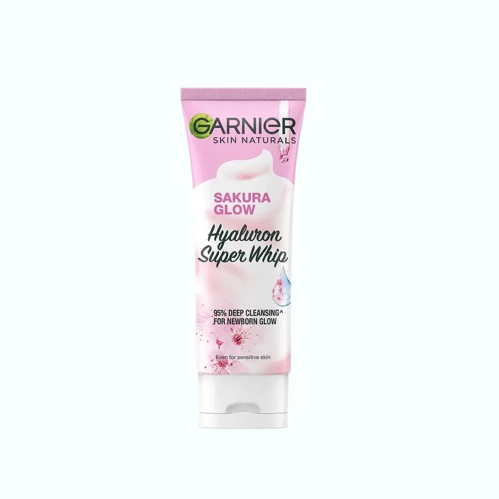 Garnier Sakura Glow Hyaluron Super Whip Foam for deep cleansing and brightening with Japanese Sakura Extract