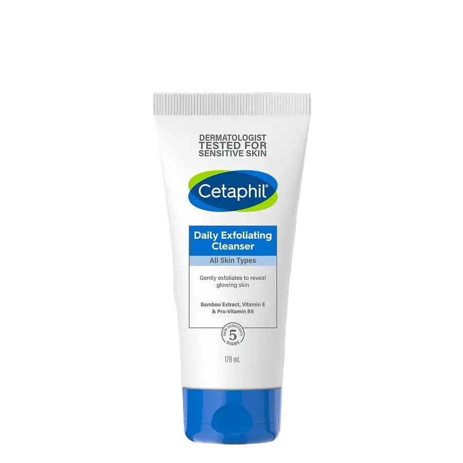 Cetaphil Daily Exfoliating Cleanser with bamboo extract for gentle daily exfoliation and smoother skin texture