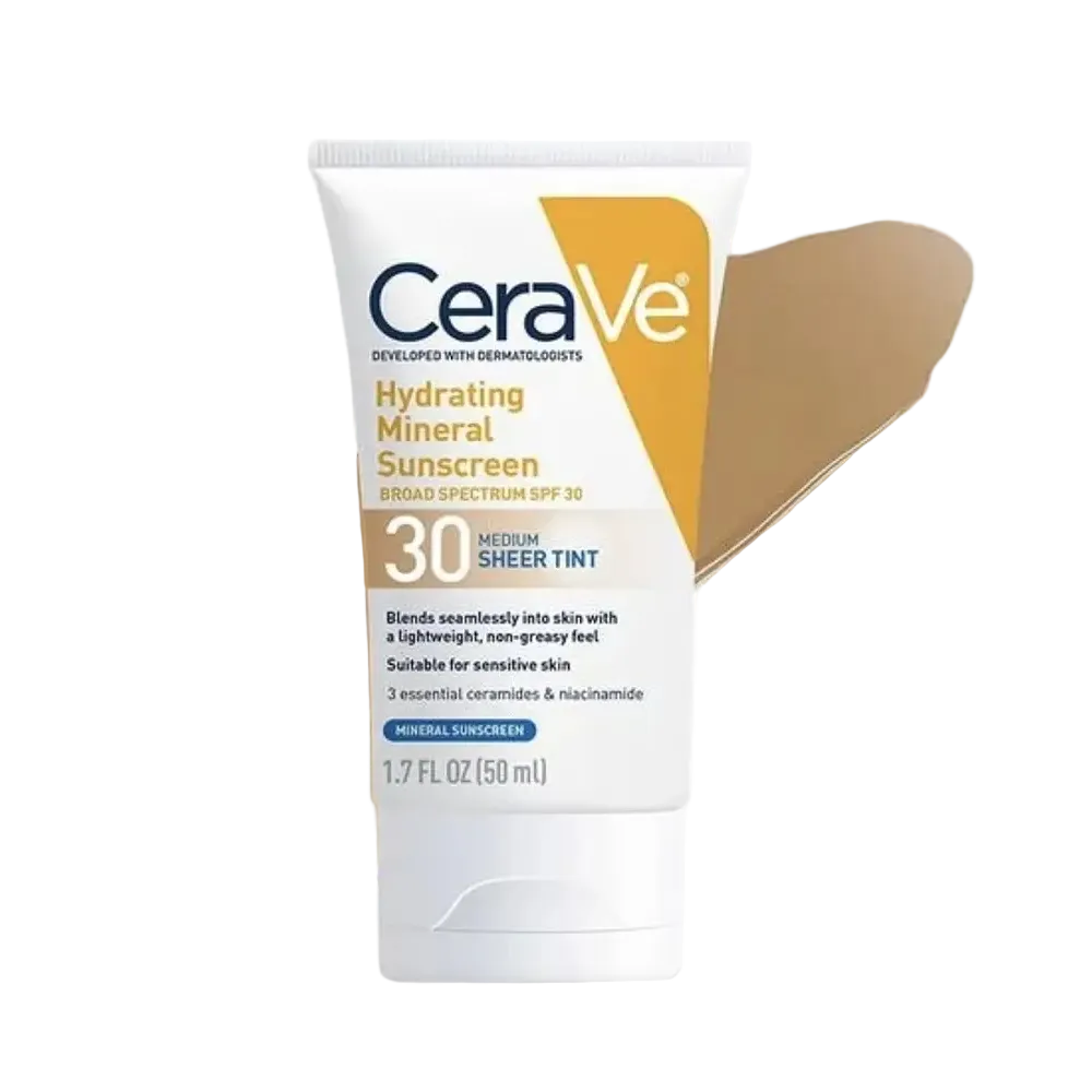 CeraVe Hydrating Mineral Sunscreen Face Sheer Tint SPF 30 with ceramides and zinc oxide for sun protection