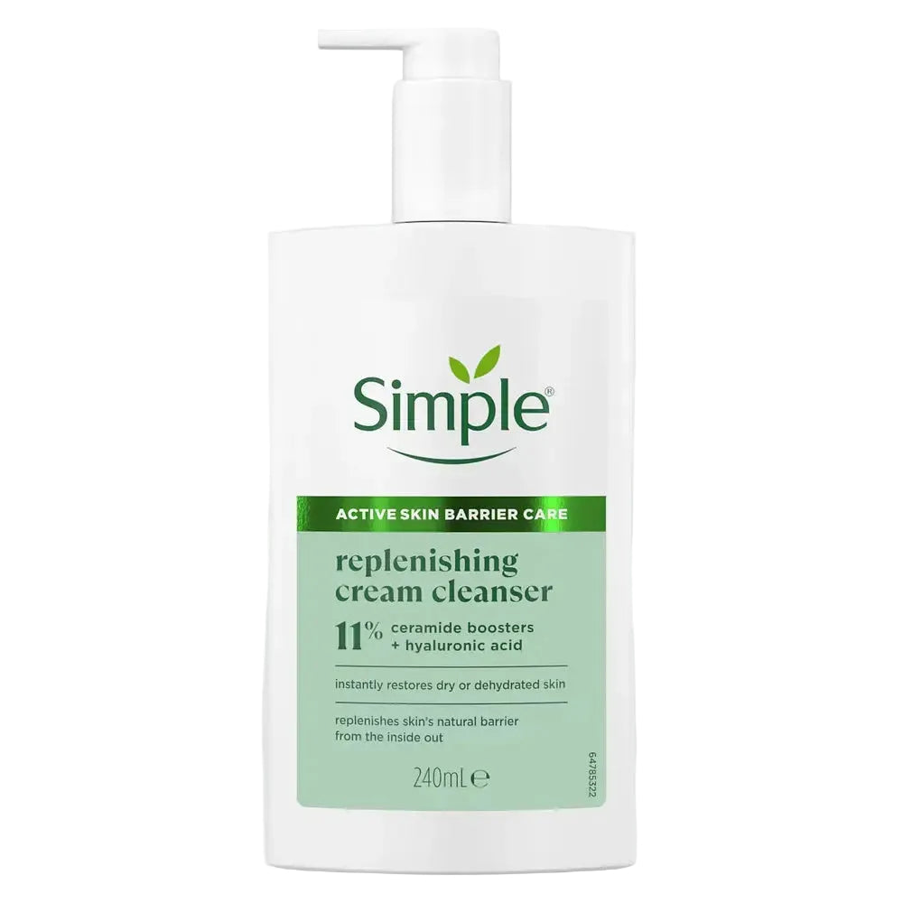 Simple Skincare Replenishing Face Cream Cleanser with ceramide boosters and hyaluronic acid for sensitive skin barrier care