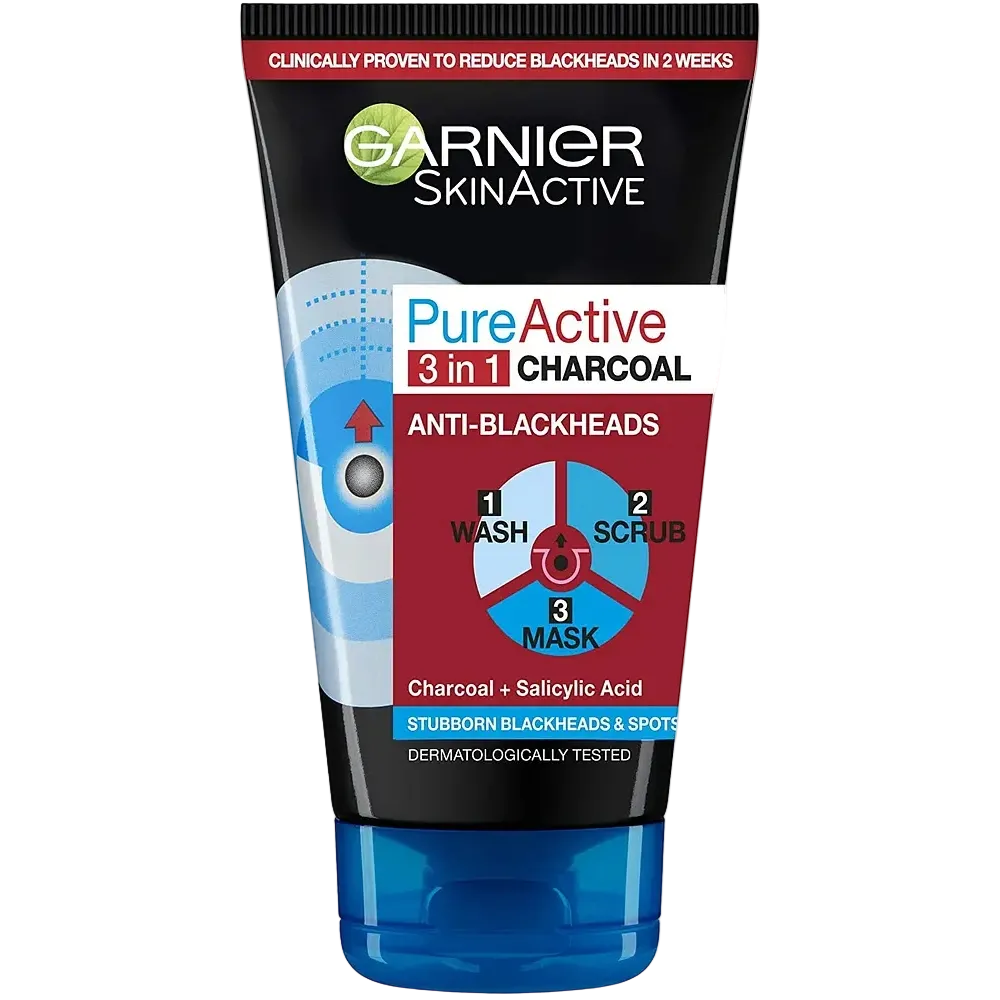 Garnier Pure Active 3 in 1 Charcoal Blackhead Mask Wash Scrub for oily skin and blackheads