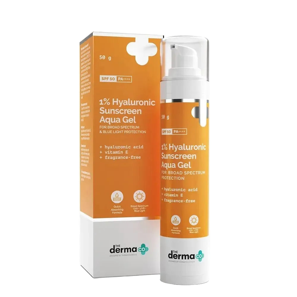 The Derma Co 1% Hyaluronic Sunscreen Aqua Gel SPF 50 PA++++ for UV and blue light protection