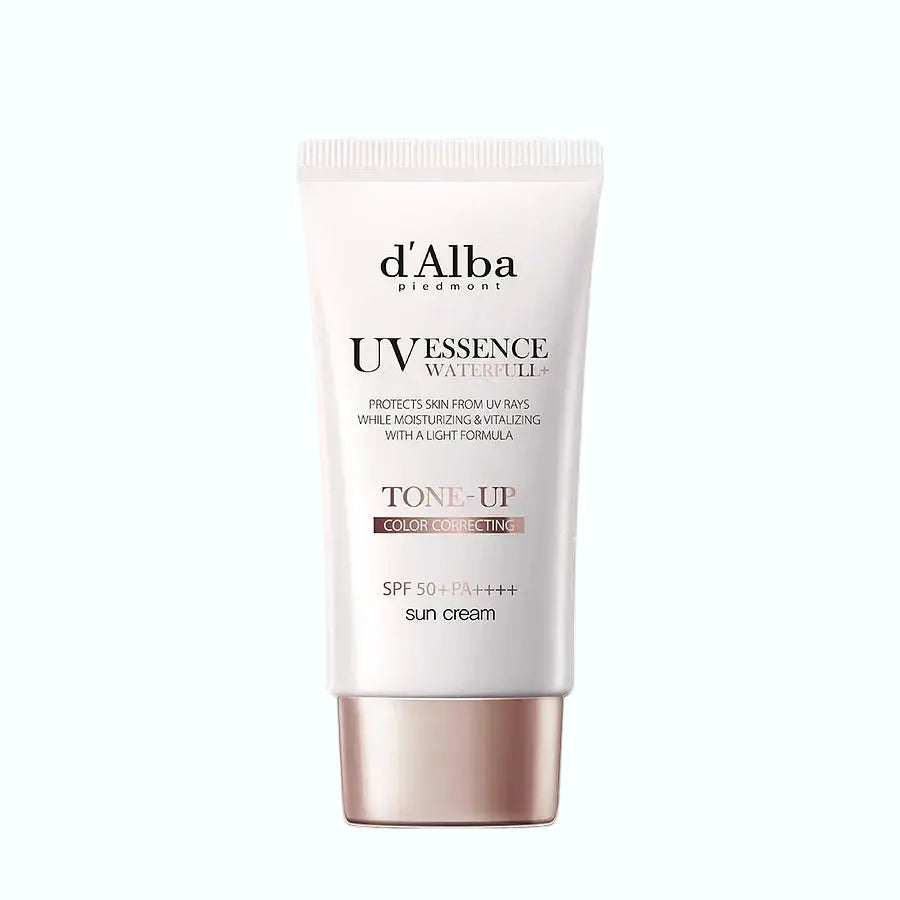 D'Alba UV Essence Waterfull Tone-Up SPF 50+ sunscreen with pink color correcting for brightening and UV protection