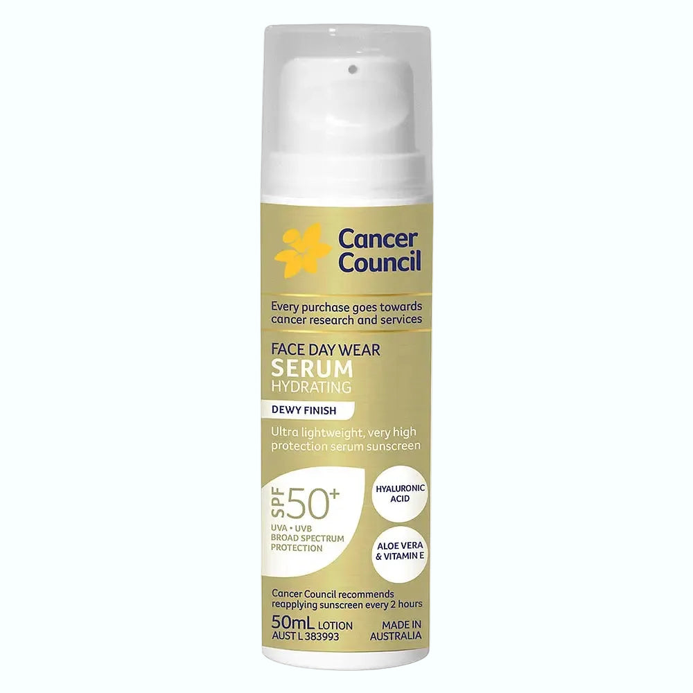 Cancer Council Face Day Wear Serum SPF50+ lightweight hydrating sunscreen with hyaluronic acid