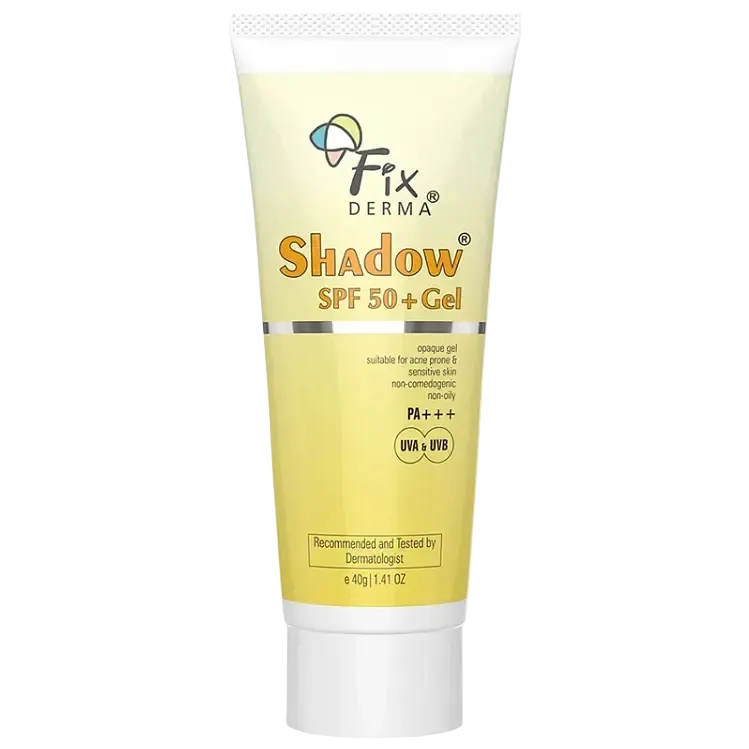 Fixderma Skincare Shadow SPF 50+ Gel sunscreen for oily, acne-prone skin with broad-spectrum UV protection