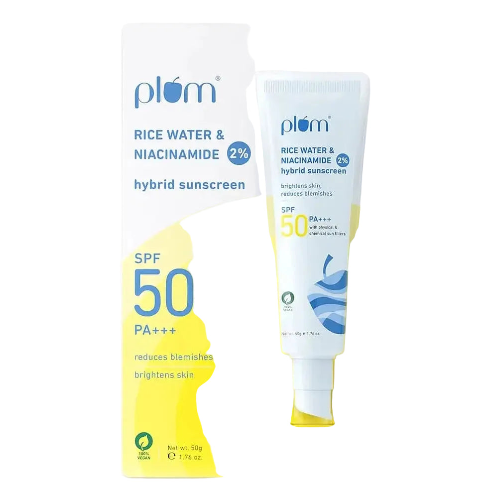 Plum Goodness 2% Niacinamide & Rice Water SPF 50 Hybrid Sunscreen for brightening and UV protection