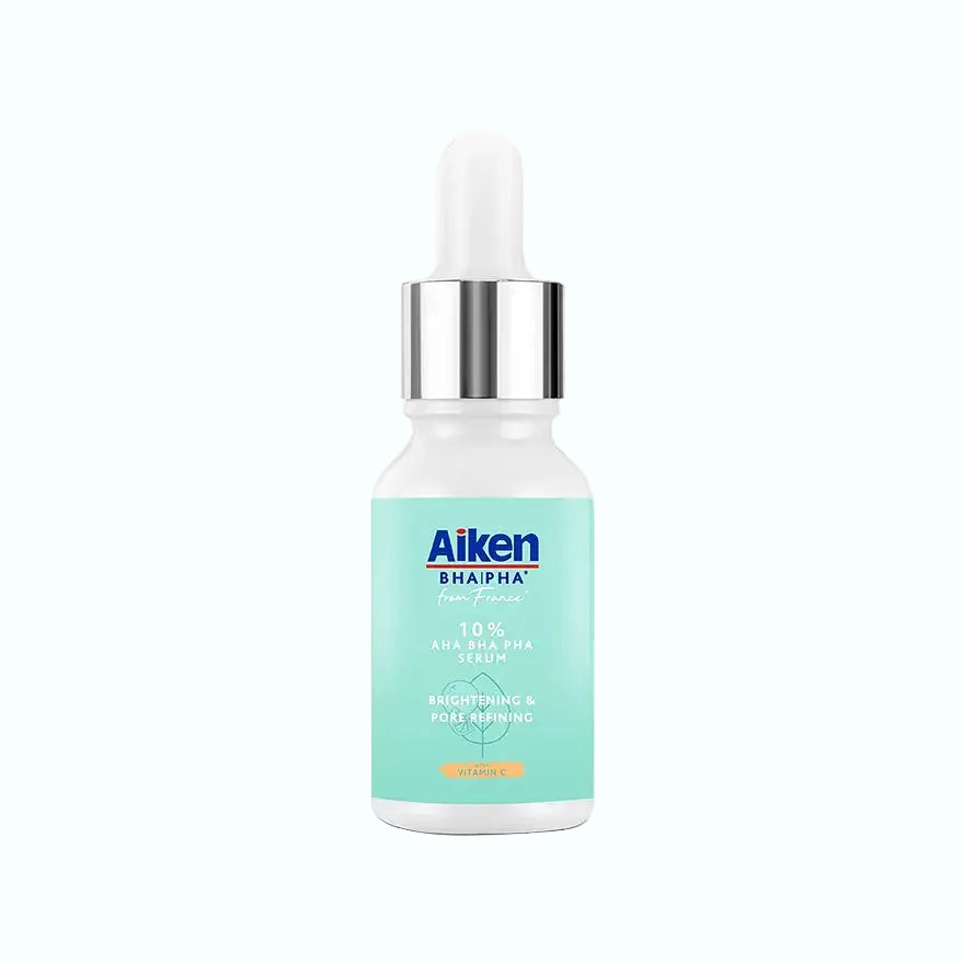 Aiken 10% AHA BHA PHA Serum for exfoliation, pore refining, and brightening skin texture