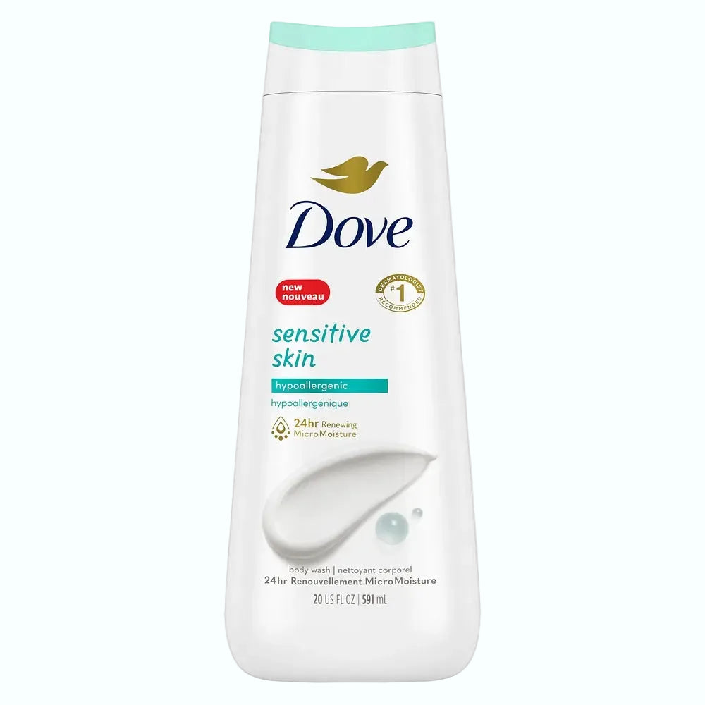 Dove Sensitive Skin Hypoallergenic Body Wash for gentle cleansing and 24-hour moisture