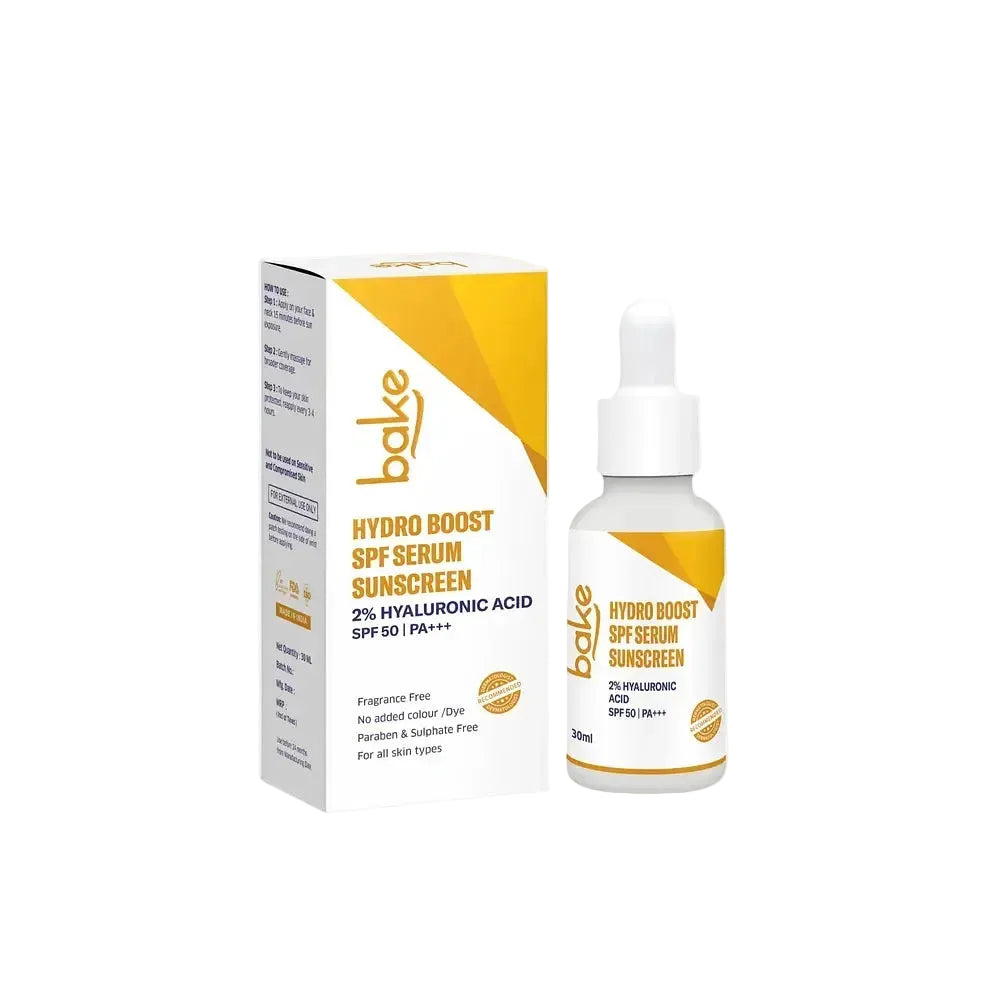 Bake Hydro Boost SPF 50 Serum Sunscreen with hyaluronic acid and niacinamide for hydration and sun protection