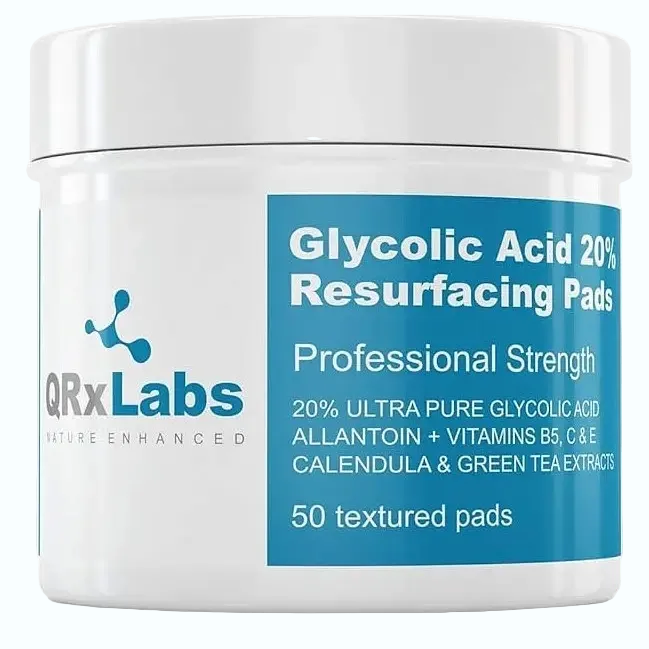 QRxLabs Glycolic Acid 20% Resurfacing Pads for chemical exfoliation and brightening