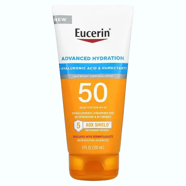 Eucerin Advanced Hdration Lightweight Sunscreen Lotion SPF50 for daily UV protection and hydration