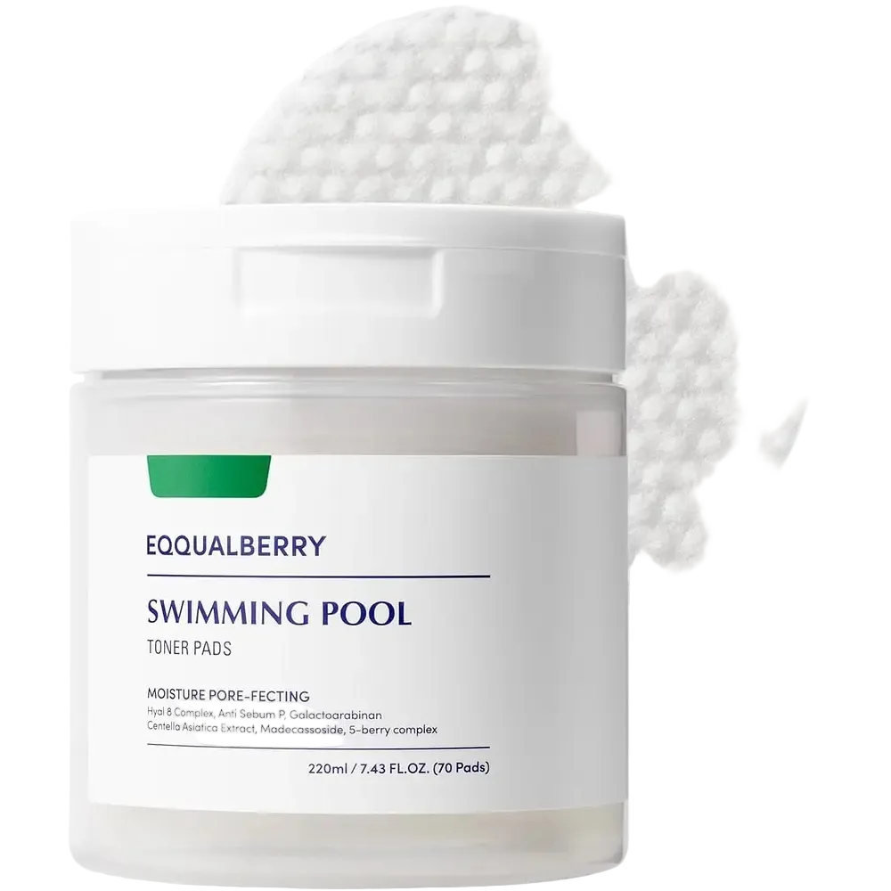 EQQUALBERRY Swimming Pool Toner Pad for gentle exfoliation and deep hydration with hyaluronic acid