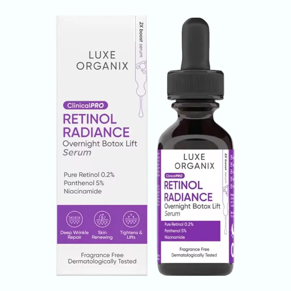 Luxe Organix Clinical Pro Retinol Radiance Serum with 0.2% pure retinol for anti-aging and skin renewal