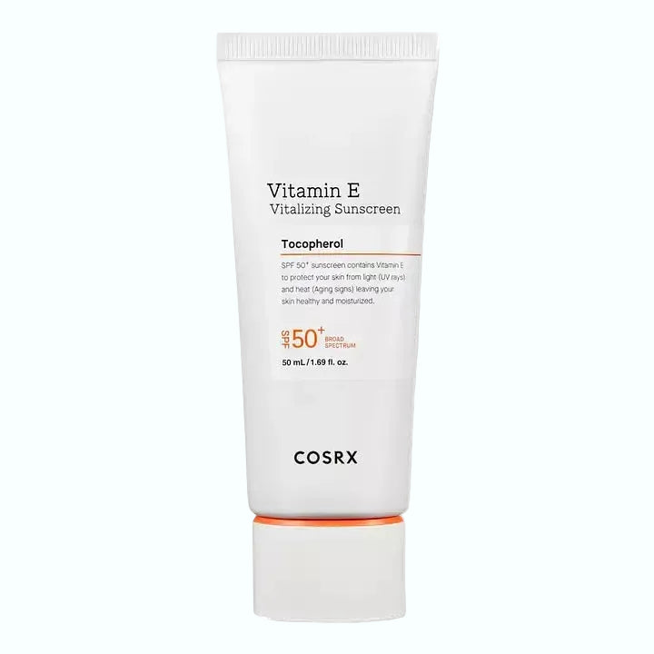 COSRX Vitamin E Vitalizing Sunscreen SPF 50+ for UV protection with dewy finish and no white cast