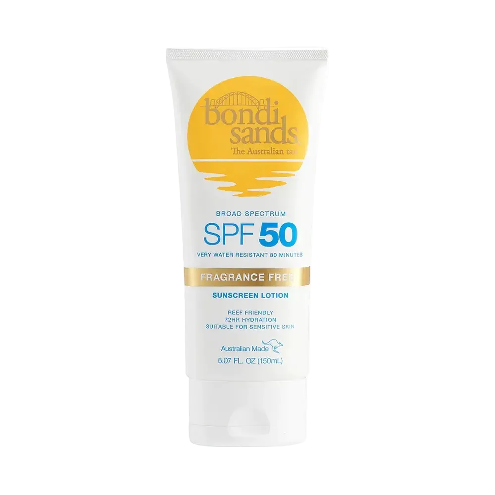 Bondi Sands SPF 50 Fragrance Free Sunscreen Lotion for broad spectrum UVA UVB protection and hydration