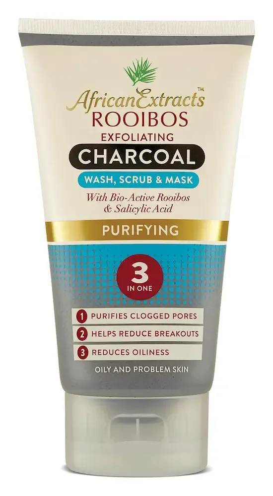 African Extracts Rooibos Skin Care Purifying Exfoliating Charcoal 3-in-1 Wash, Scrub & Mask