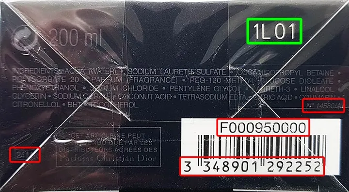 Where the batch code is on a Christian Dior package