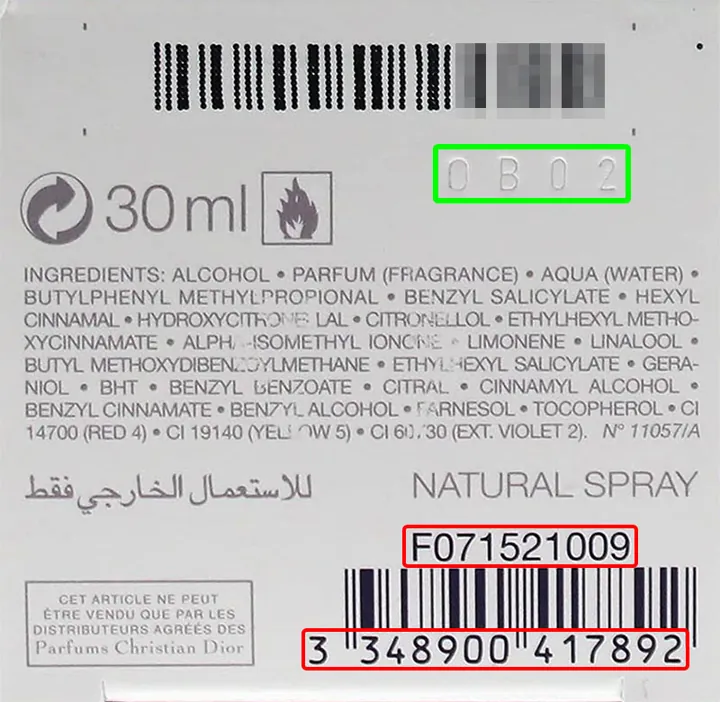 Where the batch code is on a Christian Dior package