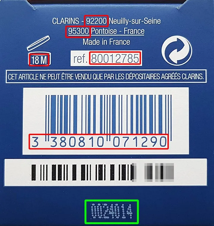 Where the batch code is on a Clarins package