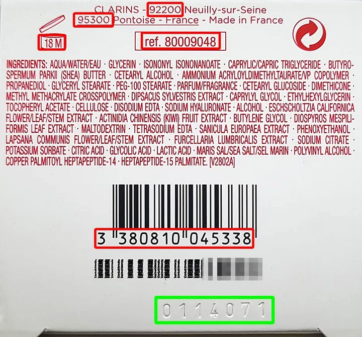 Where the batch code is on a Clarins package