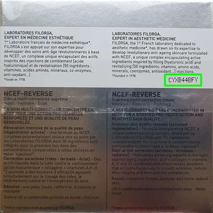 Where the batch code is on a Filorga package